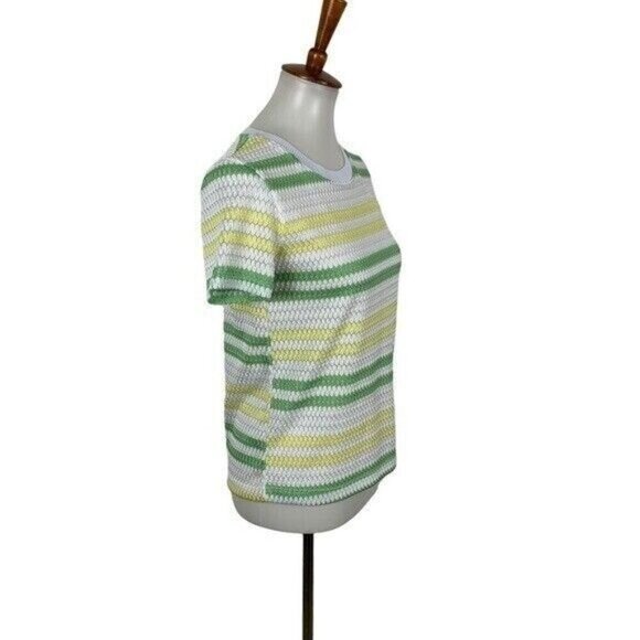 Zara White Green Yellow Knit Crochet Stripe Tee Shirt Medium Retro Y2K - Picture 3 of 7